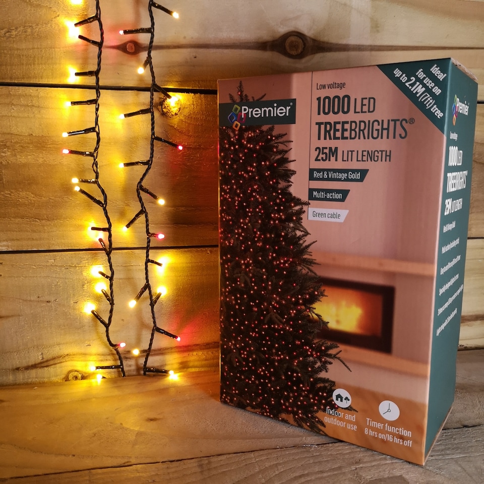 image 1 of 1000 LED 25m Premier TreeBrights Indoor Outdoor Christmas Multi Function Mains Operated String Lights with Timer in Red & Vintage Gold