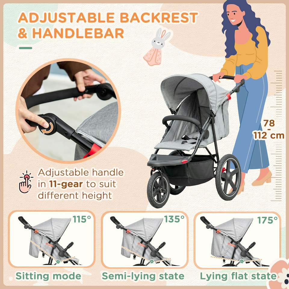 image 1 of HOMCOM Foldable Three-Wheeler Baby Stroller w/ Sun Canopy, Storage - Grey
