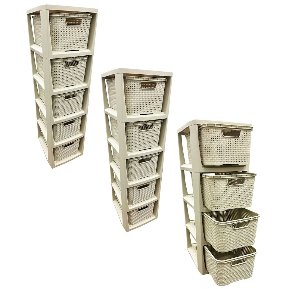 image 1 of 1 x 5 Drawer Cream Rattan Effect Commode Stylish Home Office Storage Tower Unit Basket | Cream