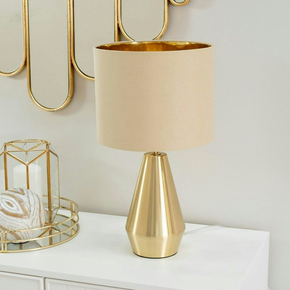 image 1 of ValueLights Jax Brass Dimmable Touch Table Lamp with Beige and Metallic Gold Shade & Bulb