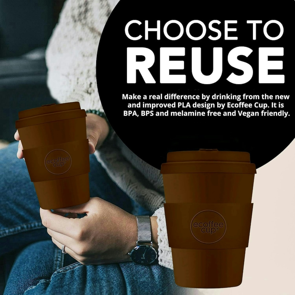 image 1 of Ecoffee Cup 8oz 240ml Reusable Eco-Friendly 100% Plant Based Coffee Cup with Silicone Lid & Sleeve - Melamine Free Travel Mug N/A | Spooky Action At A Distance