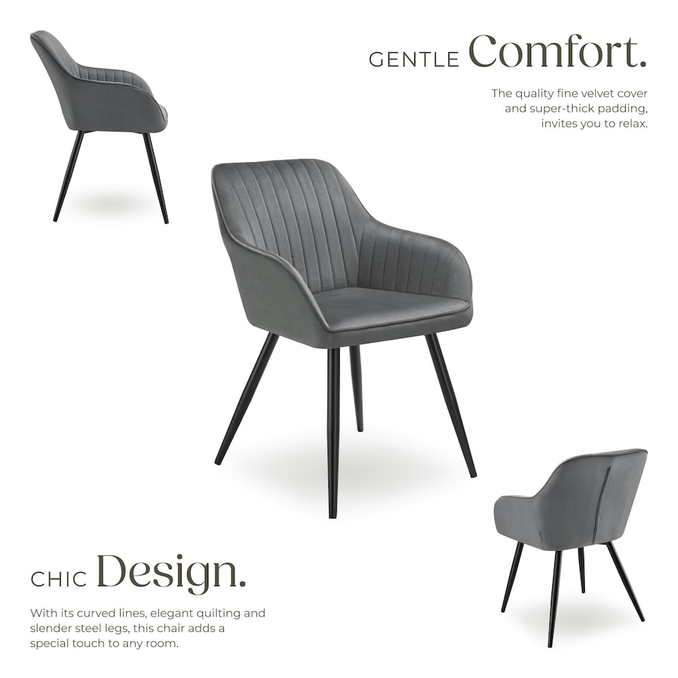 image 1 of Chair Marilyn - velvet look, quilted, continuous backrest, slim steel legs - per piece Grey | Grey/Black