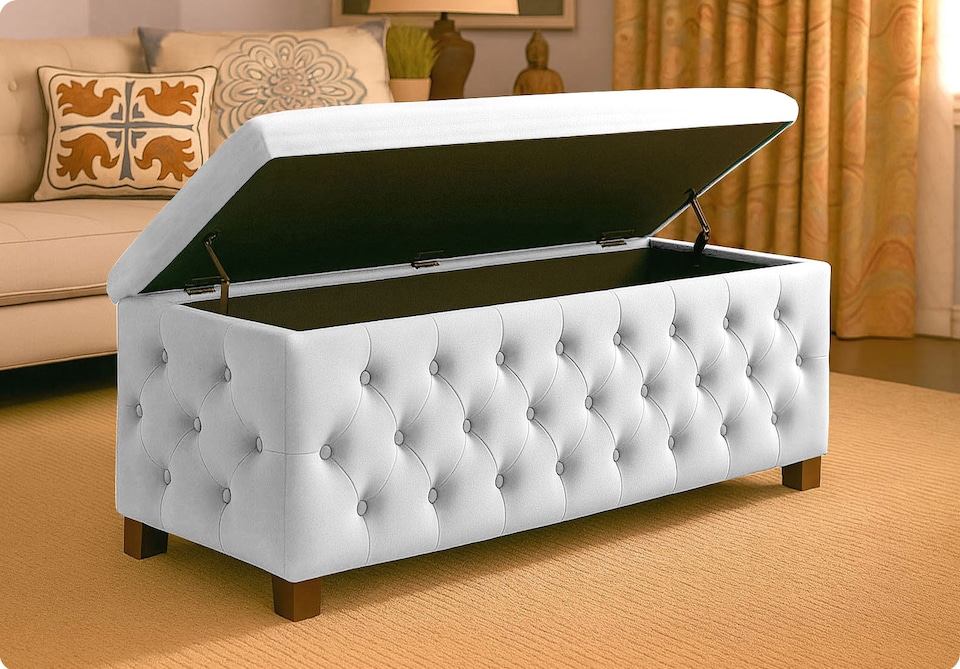 image 1 of 90cm Wide Empire Ottoman Storage Box with Legs, White Velvet Chesterfield Upholstered Ottoman Footstool Coffee Table