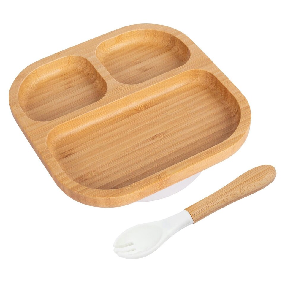 image 1 of Tiny Dining Bamboo Segmented Baby Weaning Plate & Fork Set - White