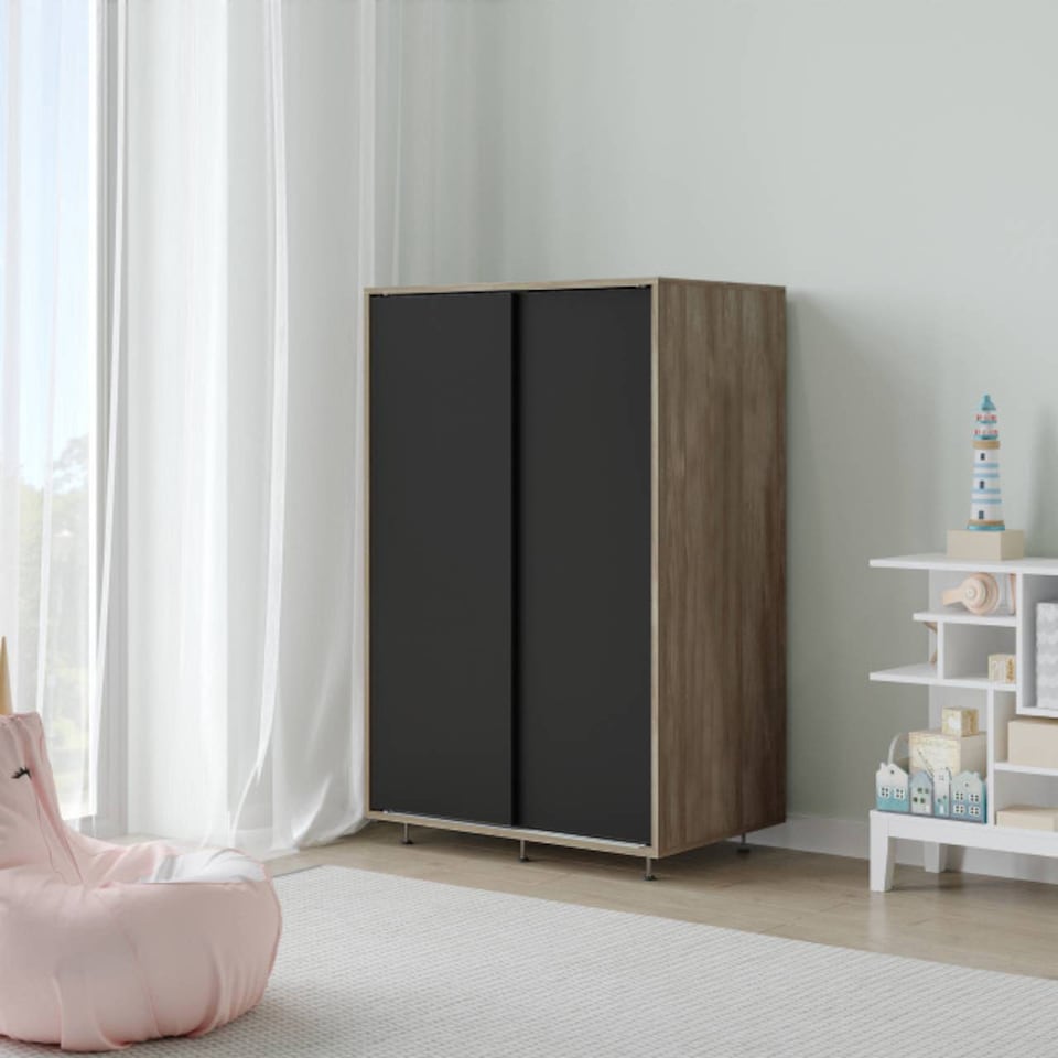 image 1 of URBNLIVING 2 Sliding Door Wardrobe 120cm Freestanding Unit | Multi | Oak Carcass + Black Doors | 1