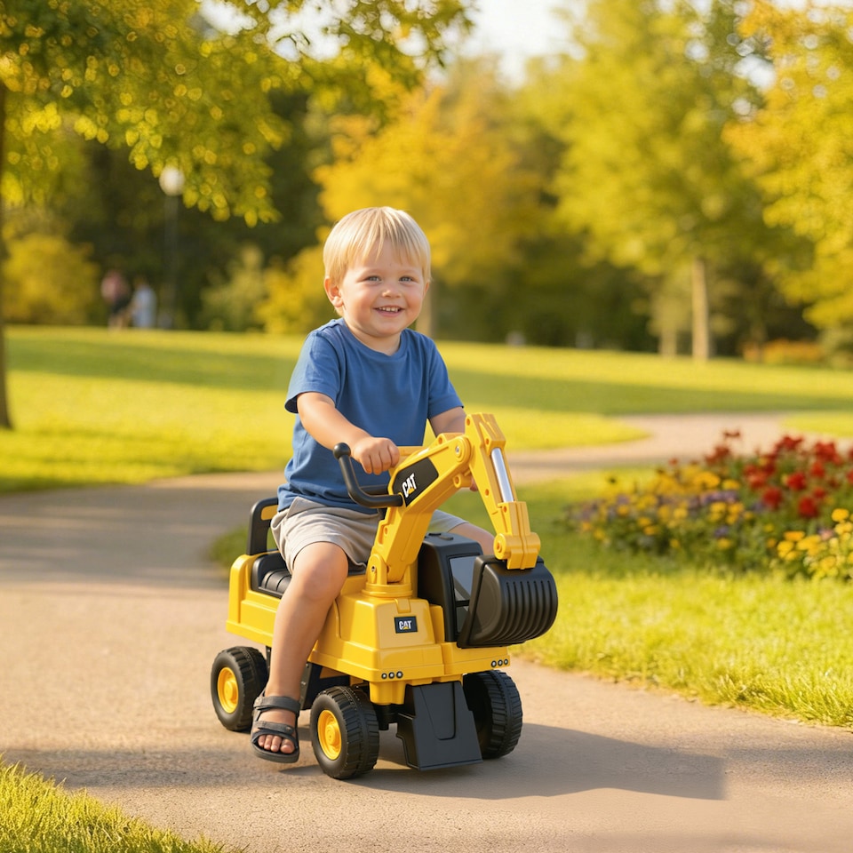 image 1 of HOMCOM CAT Licensed Kids Ride on Digger Toddler Pretend Construction Play Toy Foot-To-Floor Ride-On Toy with Manual Shovel, Horn, Hidden Storage, for Ages 1-3 Years