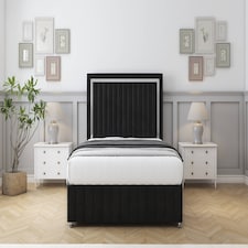 Sloomy Boston Chrome Black Plush Divan Bed With Mattress No Drawers With 26" Strutted Headboard & 12" Matching Footboard 2'6 Small Single | Black | Black | Small Single | 1