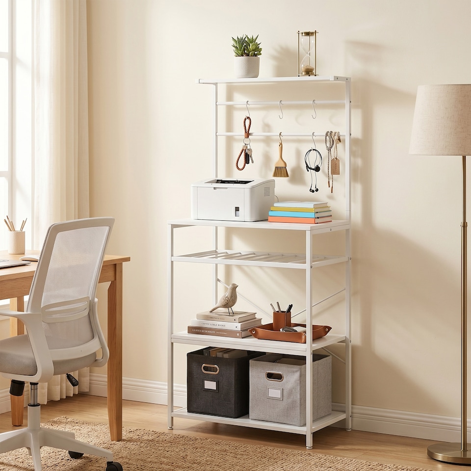 image 1 of HOMCOM Freestanding Shelving Unit with 6 Hooks and Wine Rack