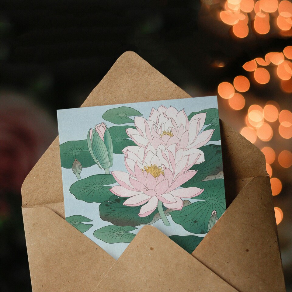 image 1 of Ohara Koson Japanese Art Card Water Lily Pads Pink Flower Bloom