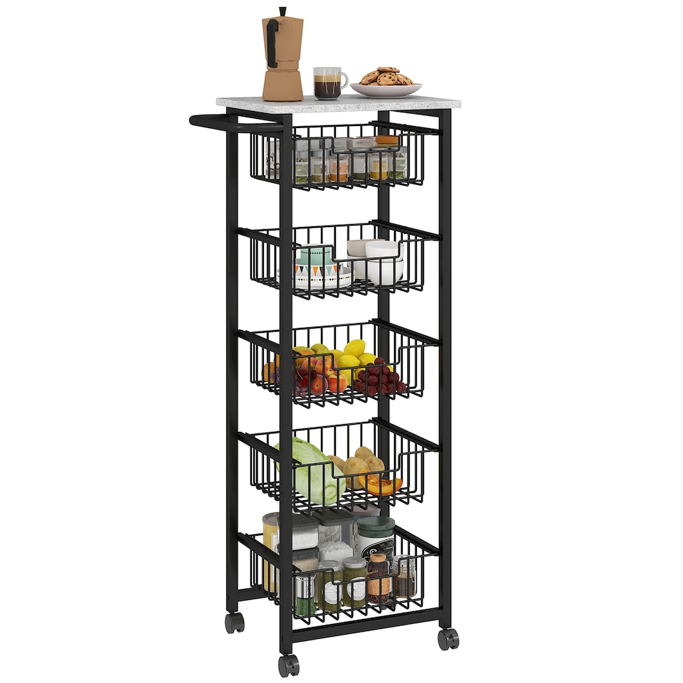image 1 of HOMCOM 5-Tier Kitchen Island on Wheels, Rolling Kitchen Storage Trolley with 5 Pull-Out Mesh Baskets, Mobile Utility Serving Cart, Light Grey | Grey | Light Grey
