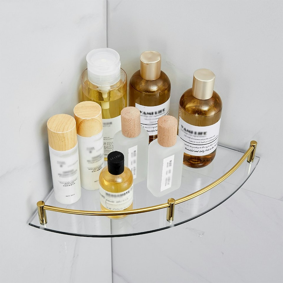 image 1 of Living and Home Glass Corner Shelf for Bathroom 1-Tier Set of 2 - Gold