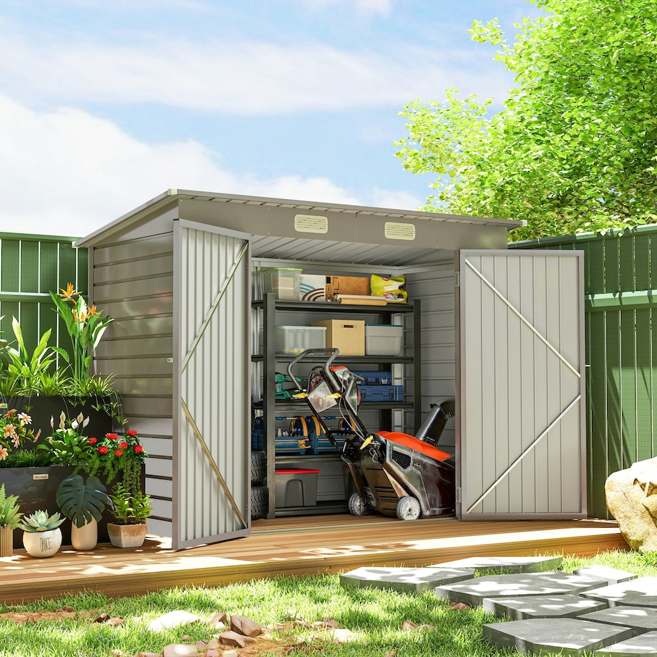 image 1 of Outsunny 8x4ft Metal Garden Storage Shed, Double Doors, Light Grey