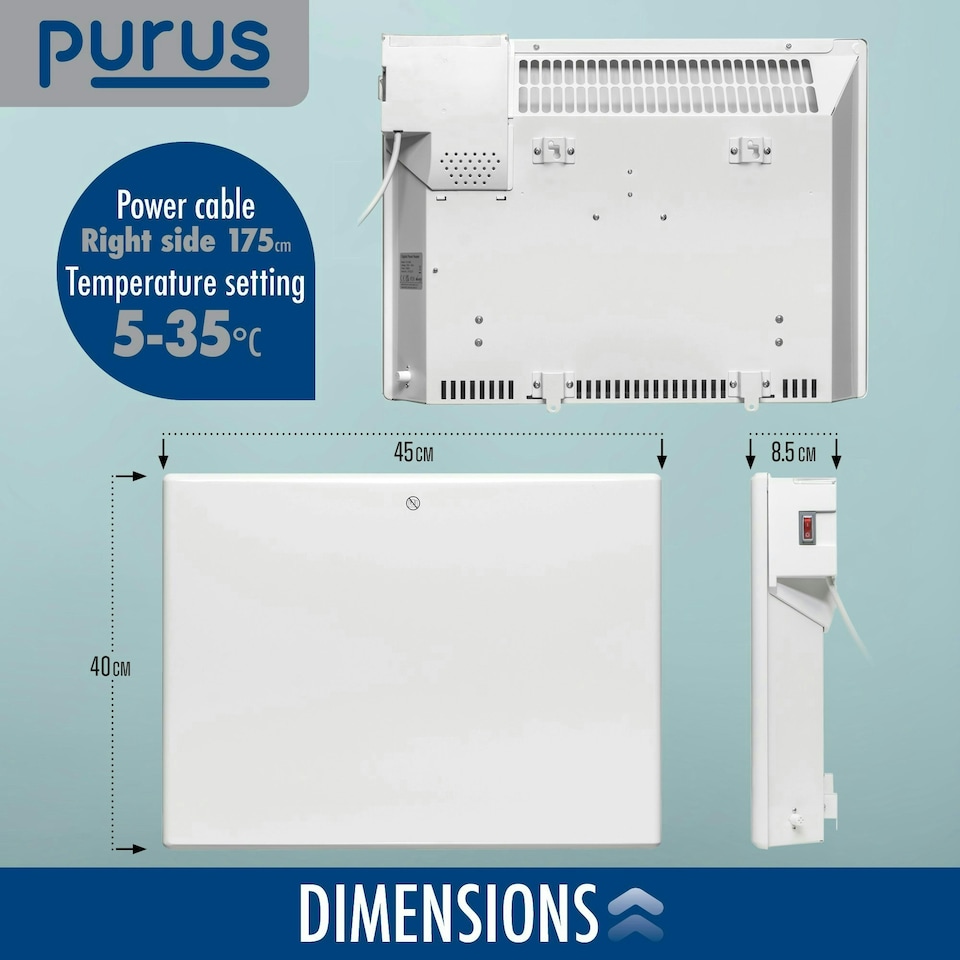image 1 of Purus 600W Electric Panel Heater Wall Mounted White Radiator