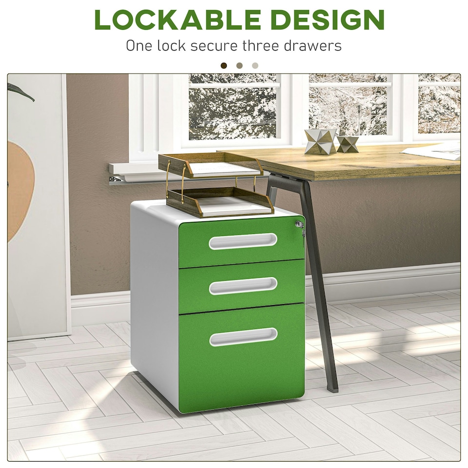 image 1 of Vinsetto 3 Drawer Modern Steel Filing Cabinet w/ 4 Wheels Lock Box Green