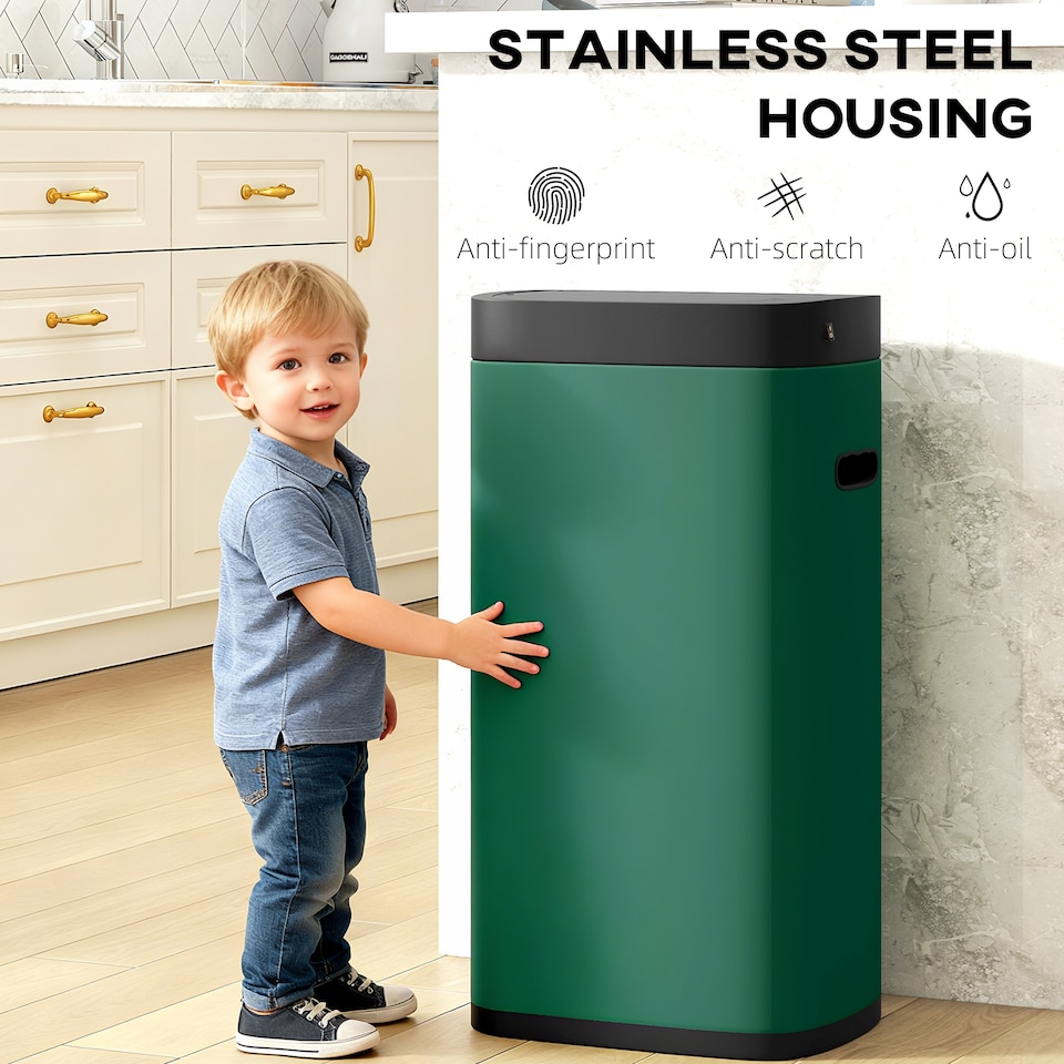 image 1 of HOMCOM 50L Sensor Bin, Touchless Kitchen Bin, Battery Operated, Dark Green