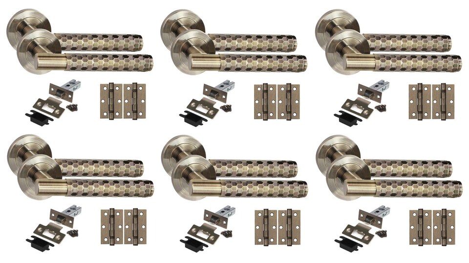 image 1 of Golden Grace 6 Set Knurled Hex Cut T-Bar Door Handle Set Antique Brass Finish with Ball Bearing Hinges and Latch