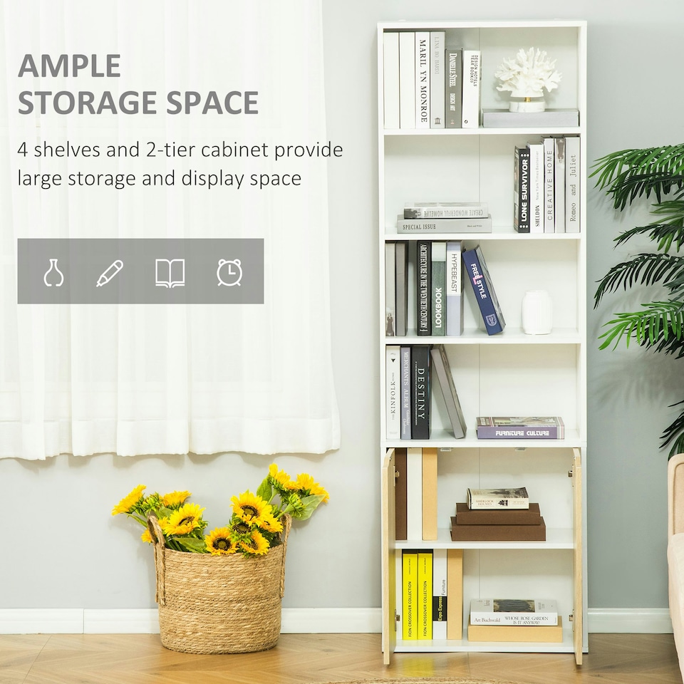 image 1 of HOMCOM 2 Door 4 Shelves Bookcase Wooden Storage Cabinet Display Unit White Oak