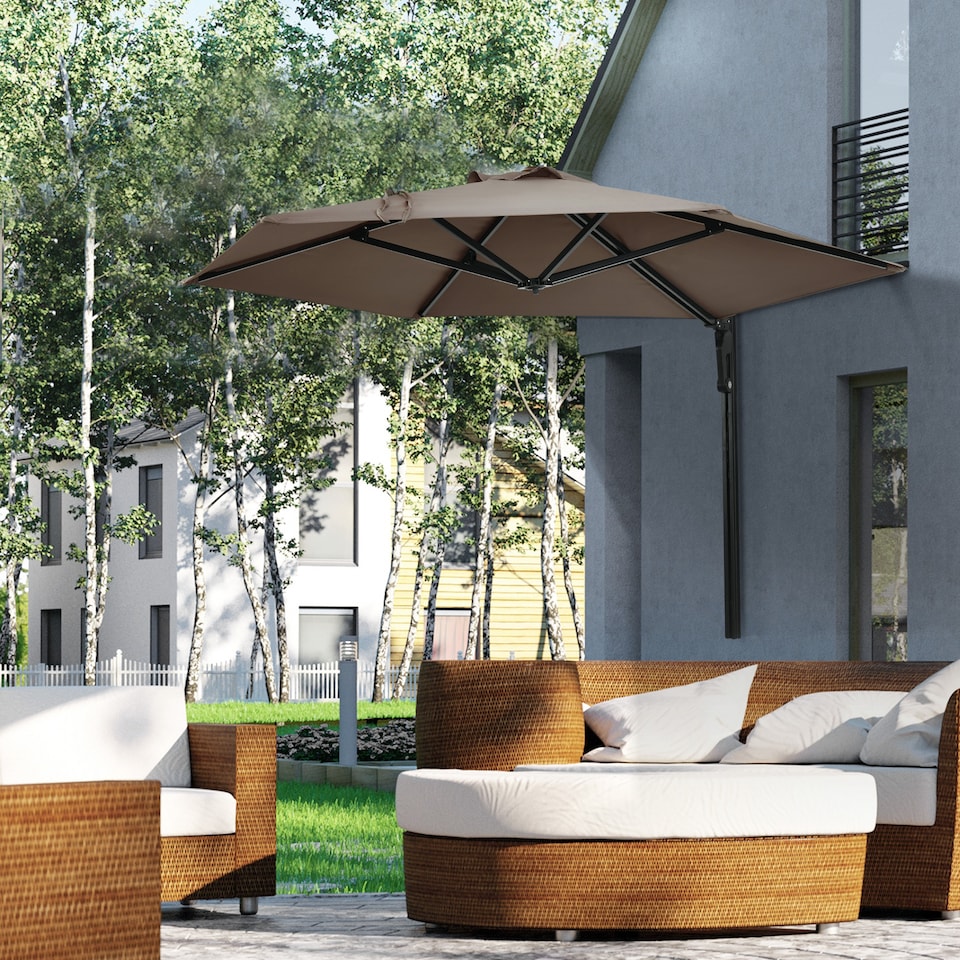 image 1 of Outsunny 2.5m Wall Mounted Parasol, Hand to Push Outdoor Patio Umbrella with 180 Degree Rotatable Canopy for Porch, Deck, Garden, 250 cm, Khaki