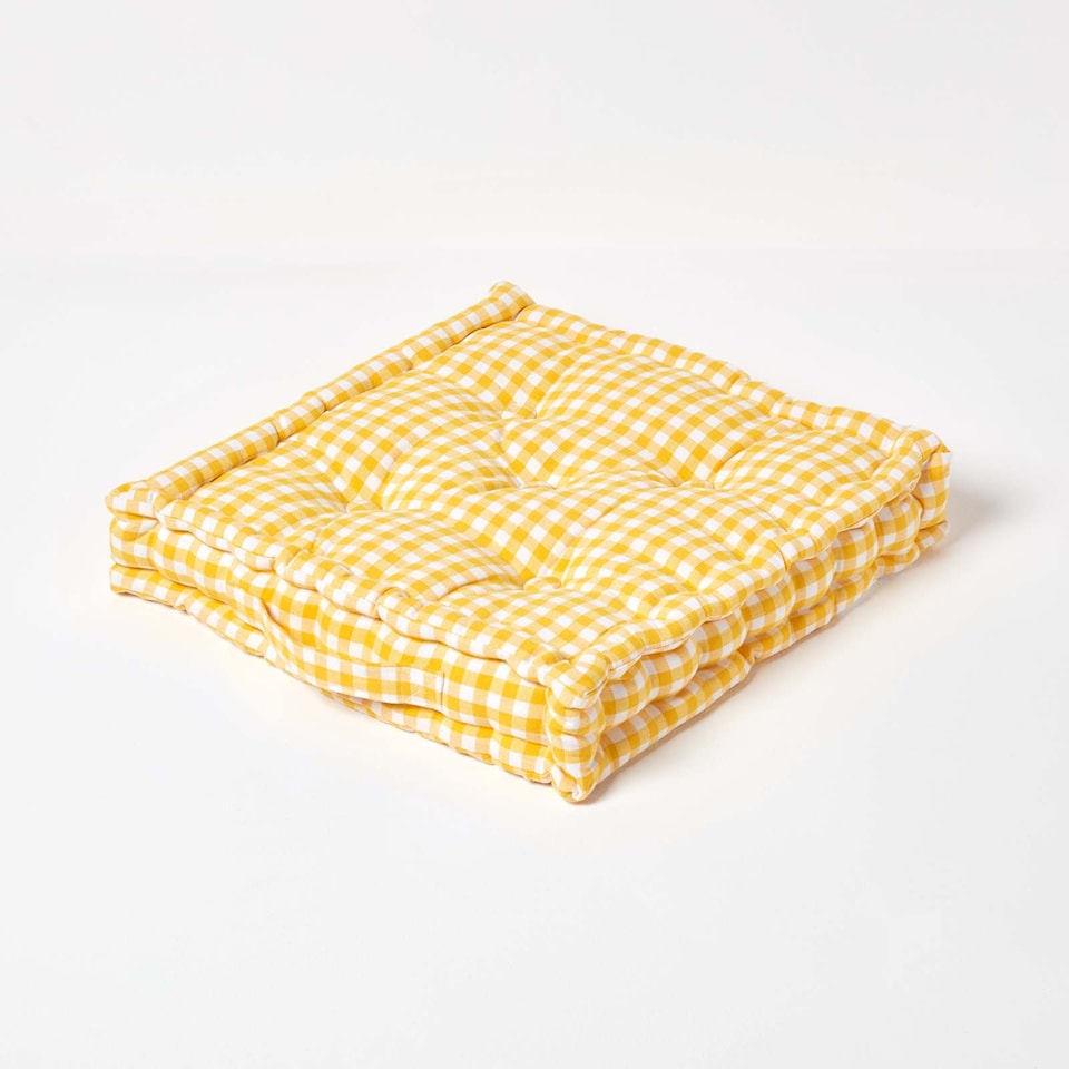image 1 of Homescapes Cotton Gingham Check Yellow Floor Cushion - 40 x 40 cm | Yellow | 40 x 40 cm
