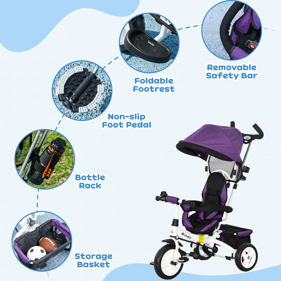 image 1 of HOMCOM 6 in 1 Trike, Kids Tricycle, Pedal Push Bike with Parent Handle, Removable Canopy, 5-Point Safety Belt, Storage, Footrest, Brake, for 1-5 Years Toddler, Purple