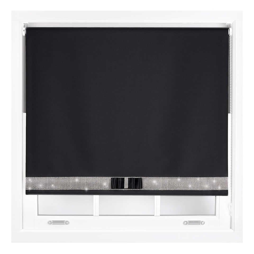 image 1 of FURNISHED Blackout Roller Blinds with Diamante Trim and Bow Cut to Size | Black | Black | (W) 240cm x (L) 210cm