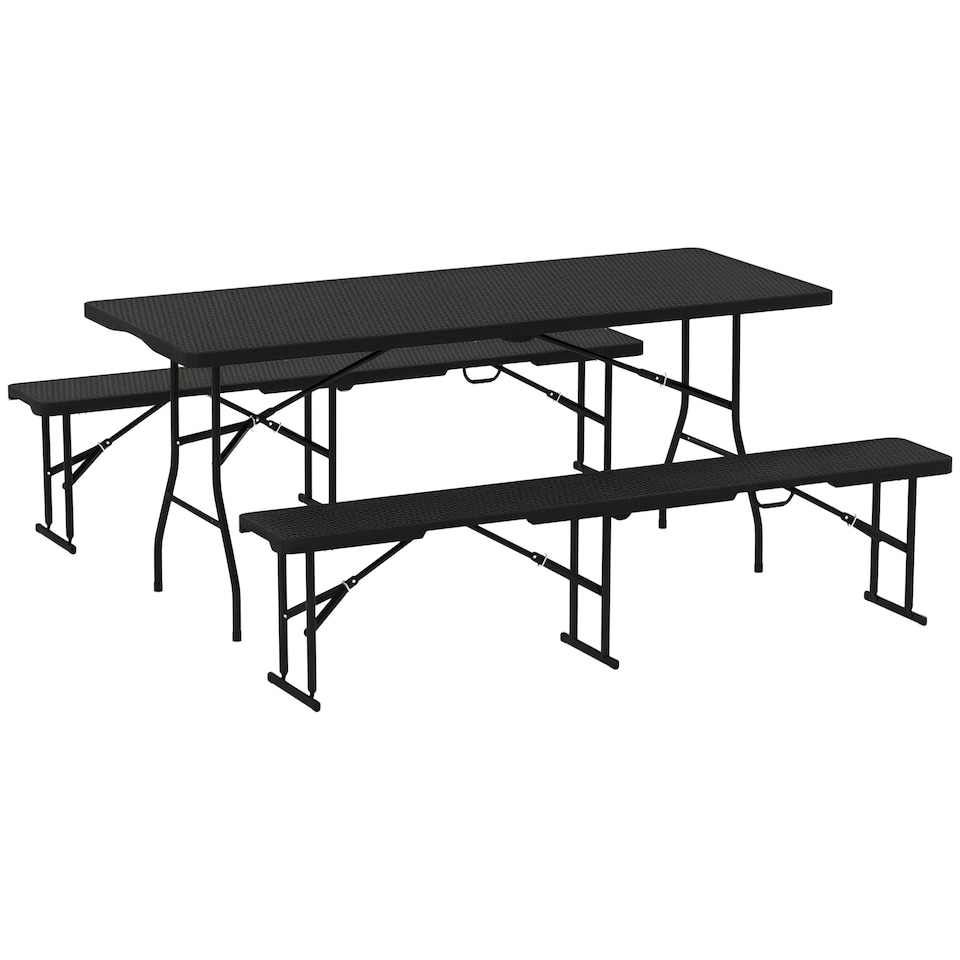 image 1 of Outsunny Rattan Effect Folding Picnic Table and Bench Set w/ Handles, Black
