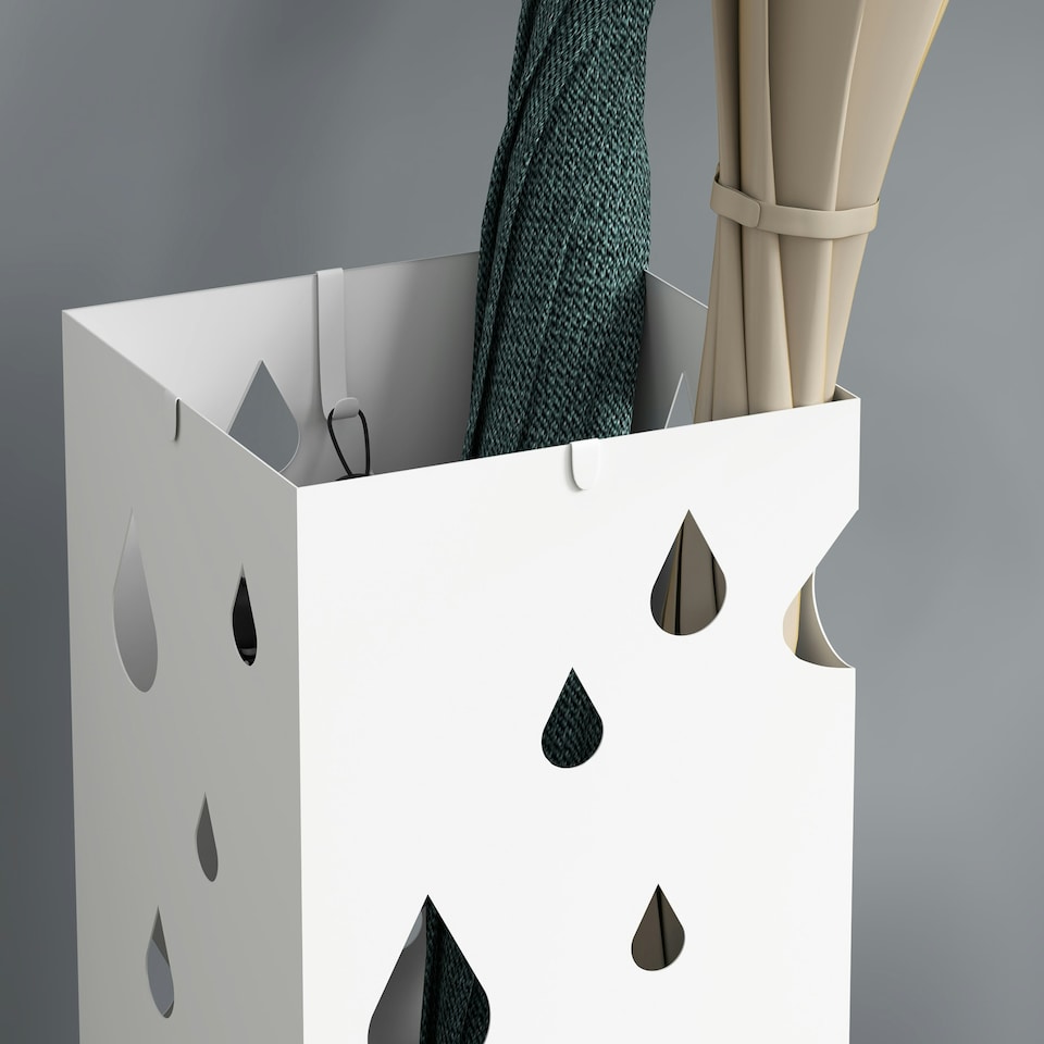 image 1 of HOMCOM Metal Umbrella Stand, Square Umbrella Basket with 4 Hooks Drip Tray White
