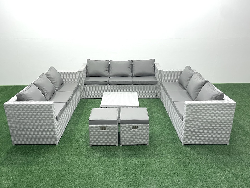 image 1 of Fimous Rattan Garden Outdoor Furniture Set 11 Seater Rattan Garden Sofa Set with 2 Small Footstools Light Grey Mixed