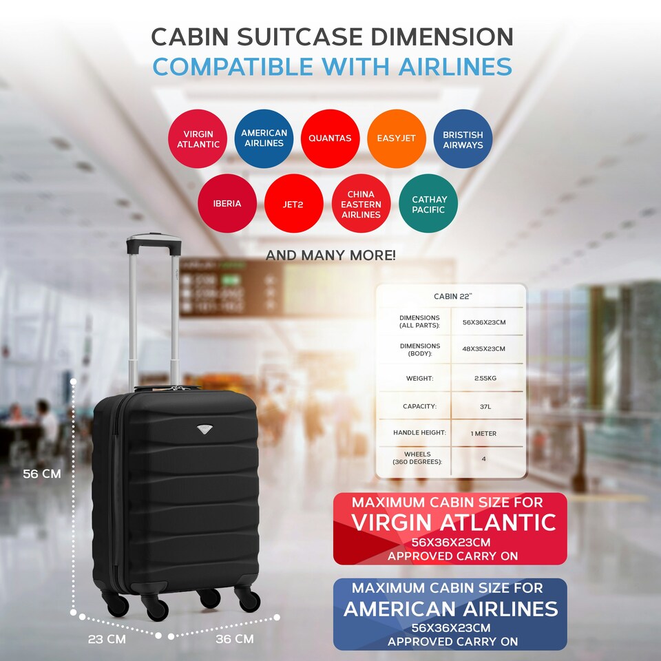 image 1 of Flight Knight Cabin Suitcase 56x36x23cm - 30+ Airlines Approved - British Airways, EasyJet- Lightweight 4 Wheel Carry On Hard Shell Hand Luggage Red | Burgundy | Cabin Bag