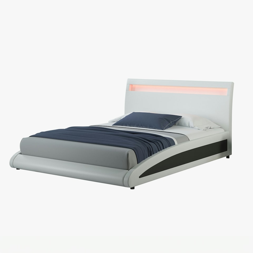 image 1 of Neptune LED Lights Headboard Gaming Style White Faux Leather Bed Frame (Double) | White | White | Double