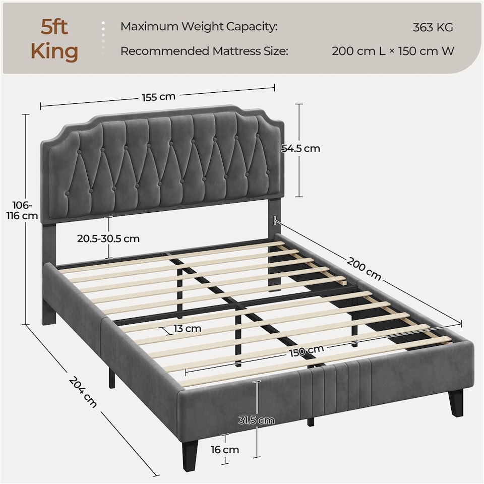 image 1 of Yaheetech 5ft King Upholstered Bed Frame with Button-Tufted Headboard Dark Grey