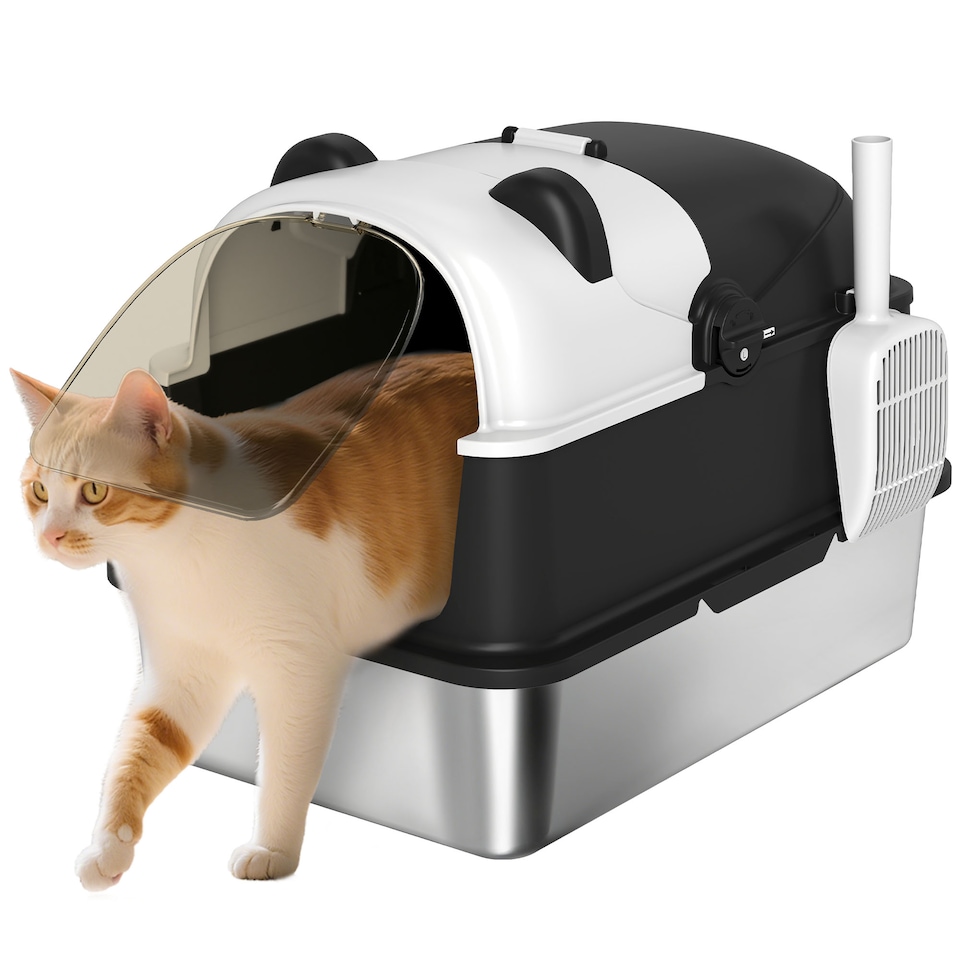 image 1 of PawHut XL Stainless Steel Litter Box Tray with Lid, Panda Style | Black