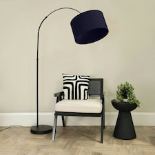 ValueLights Louis Black Arched Curved Floor Lamp with Navy Blue Fabric Drum Lamp Shade