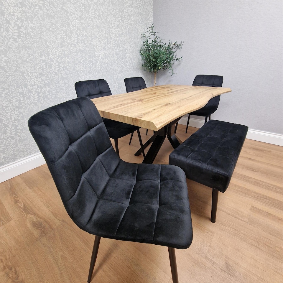 image 1 of Dining Set Of 5 Dining Table Set with 4 black Velvet Chairs And 1 Black Bench Dining Room Furniture