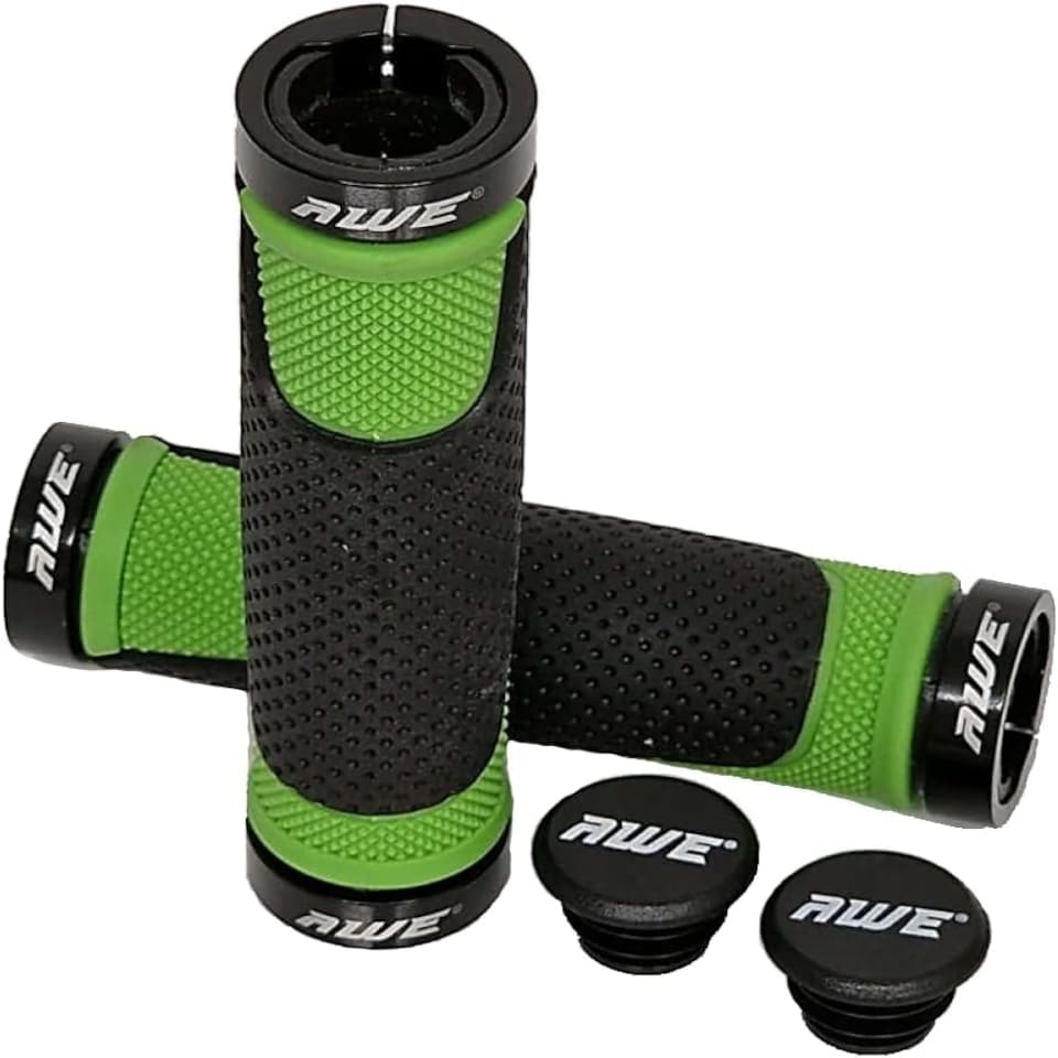 image 1 of AWE AWEGrip Alloy BMX MTB Bike Green/Black Handlebar Locking Grips + End Caps