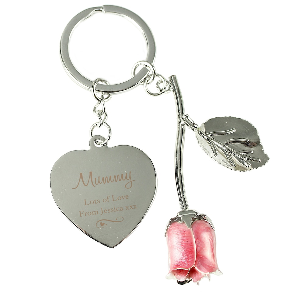image 1 of Personalised Silver Plated Swirls & Hearts Pink Rose Keyring