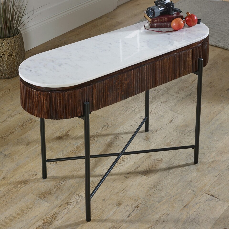 image 1 of Ruby Mango Wood Console Table With Marble Top And Metal Legs