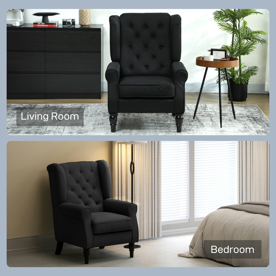 image 1 of HOMCOM Accent Chair Wingback Armchair Retro Tufted Club Wood Fabric, Black Black