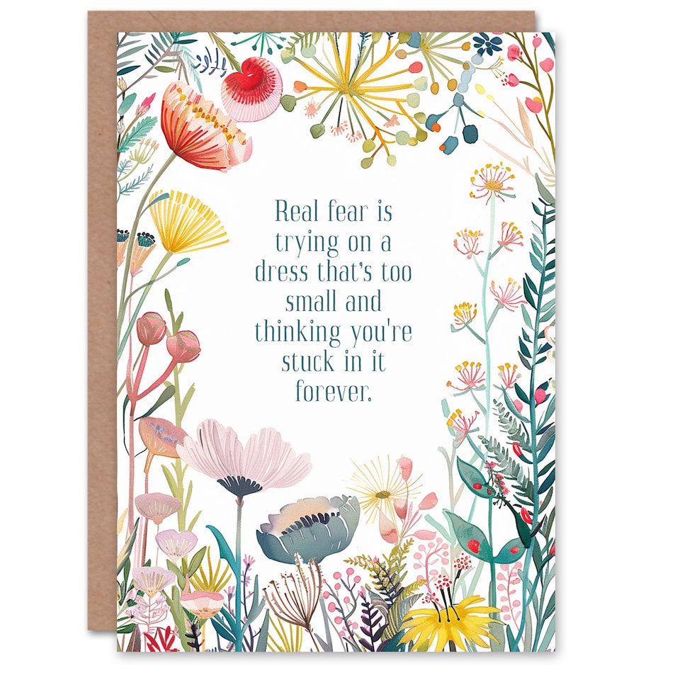 image 1 of Greeting Card Flowers Real Fear Try On Small Dress Funny Birthday
