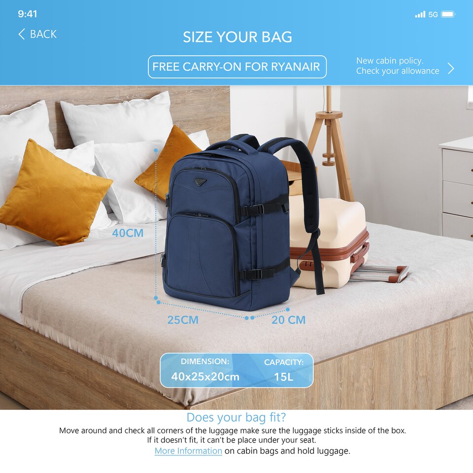 image 1 of Flight Knight Underseat Backpack 40x20x25cm Ryanair Free Carry On for Travelling USB Port Padded Comfortable Backpack - Carry On Luggage | Blue | Navy | 1