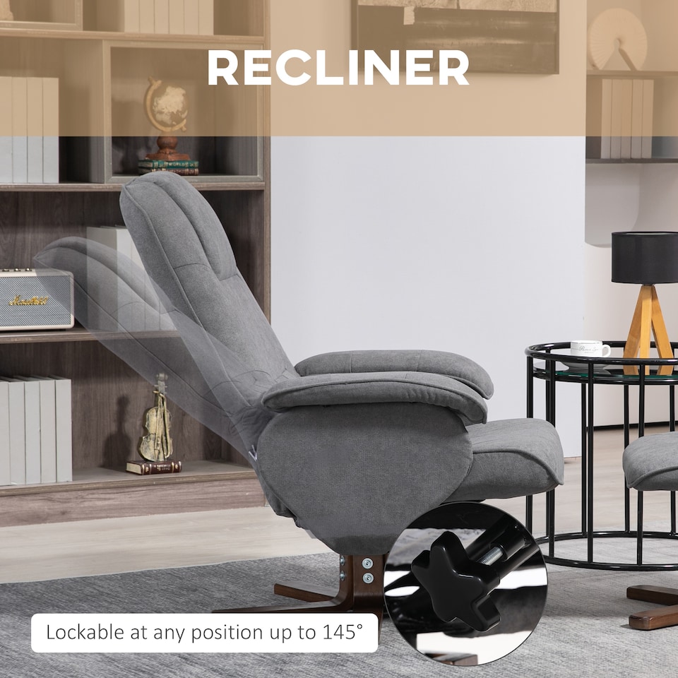 image 1 of HOMCOM Linen Swivel Recliner Chair with Footstool, Upholstered Reclining Armchair with Wooden Base for Living Room, Grey