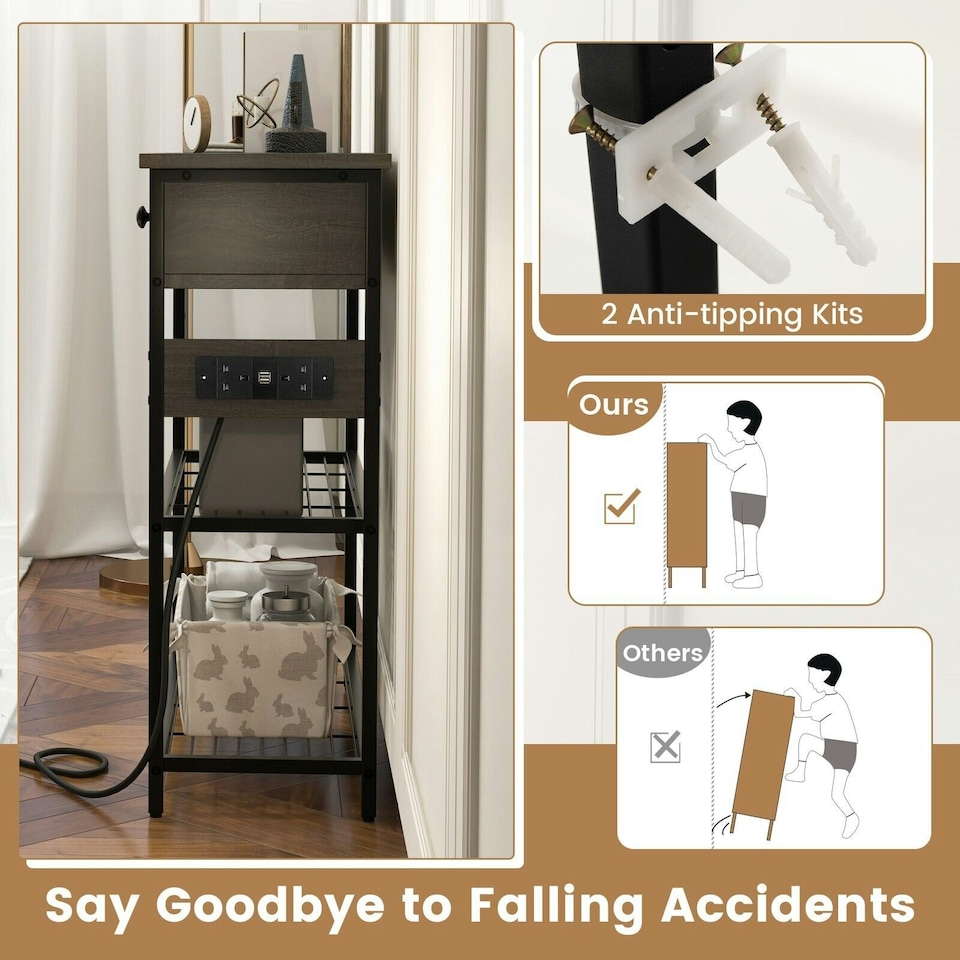 image 1 of COSTWAY Entryway Narrow Console Table w/Charging Station Brown