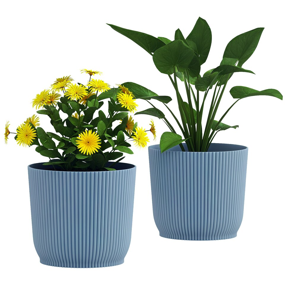 image 1 of Outsunny Set of 2 Round Plant Pots Outdoor 22cm for Garden Decoration, Blue 