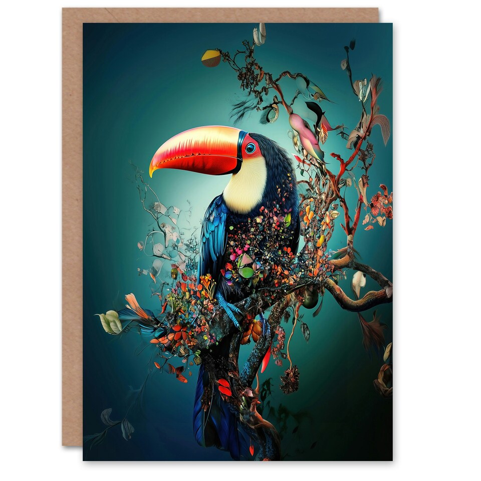 image 1 of Toucan Bird Flowering Tree Branch Surreal Fantasy Birthday Greeting Card