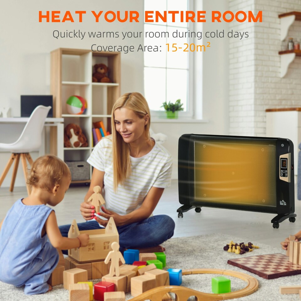 image 1 of HOMCOM Mica Electric Space Heater, Portable Heater for Home with 2 Heat Settings, Living Room, Study, Garage, Adjustable Temperature 18-30C, 1000W2000W, Black