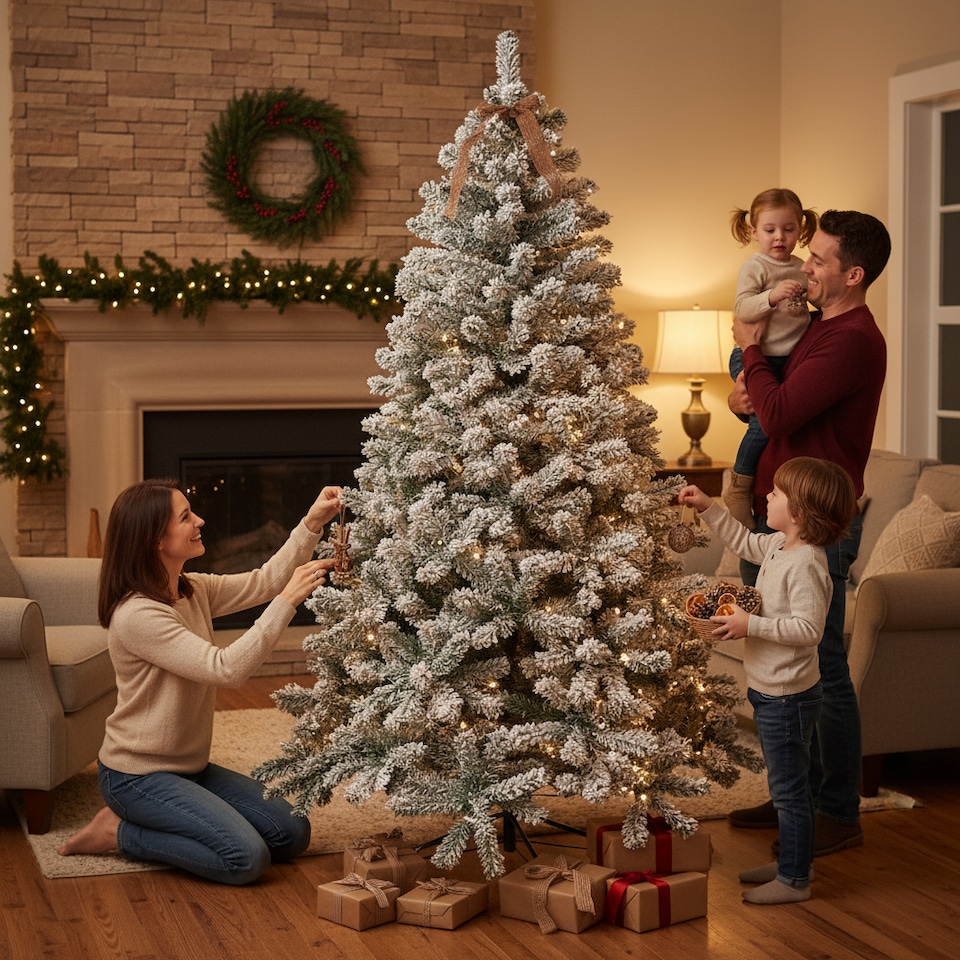 image 1 of 5FT Yukon Pine Artificial Green Christmas Tree Snow Flocked Tips Branches Snowy Bushy Home Decorations