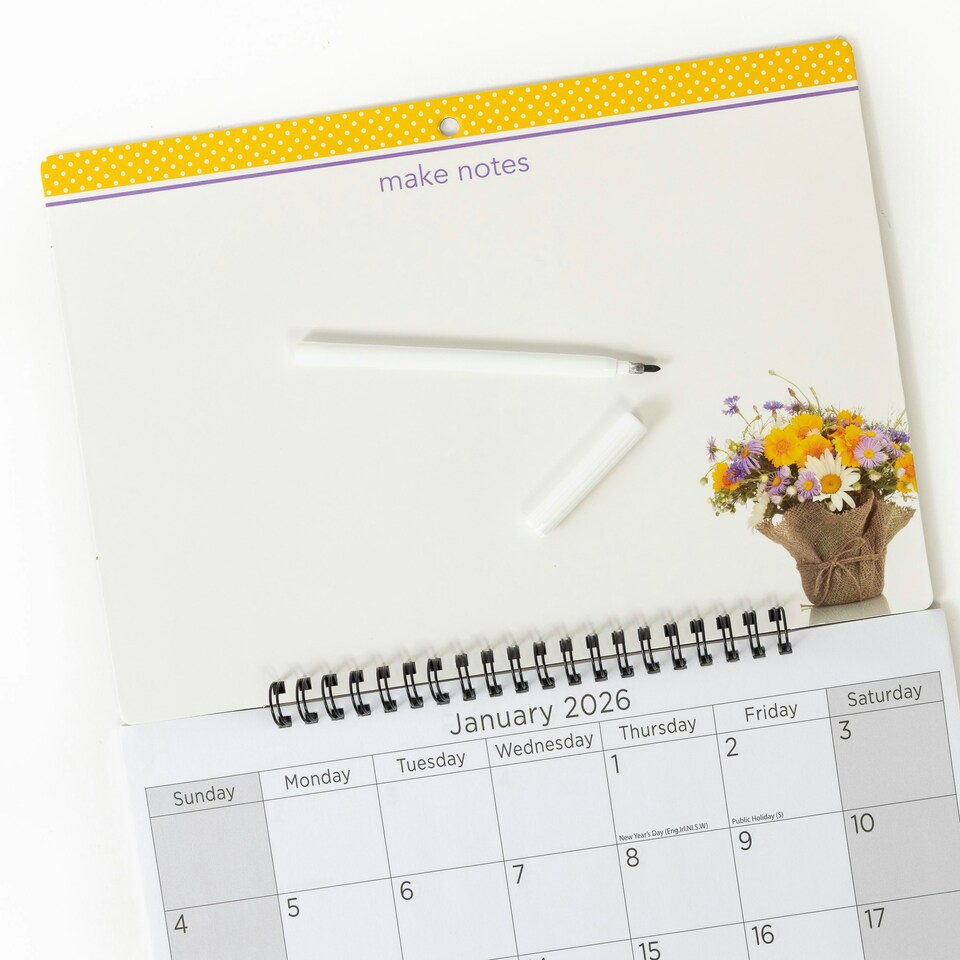 image 1 of 2026 Monthly Memo Board Calendar & Pen Flowers Design