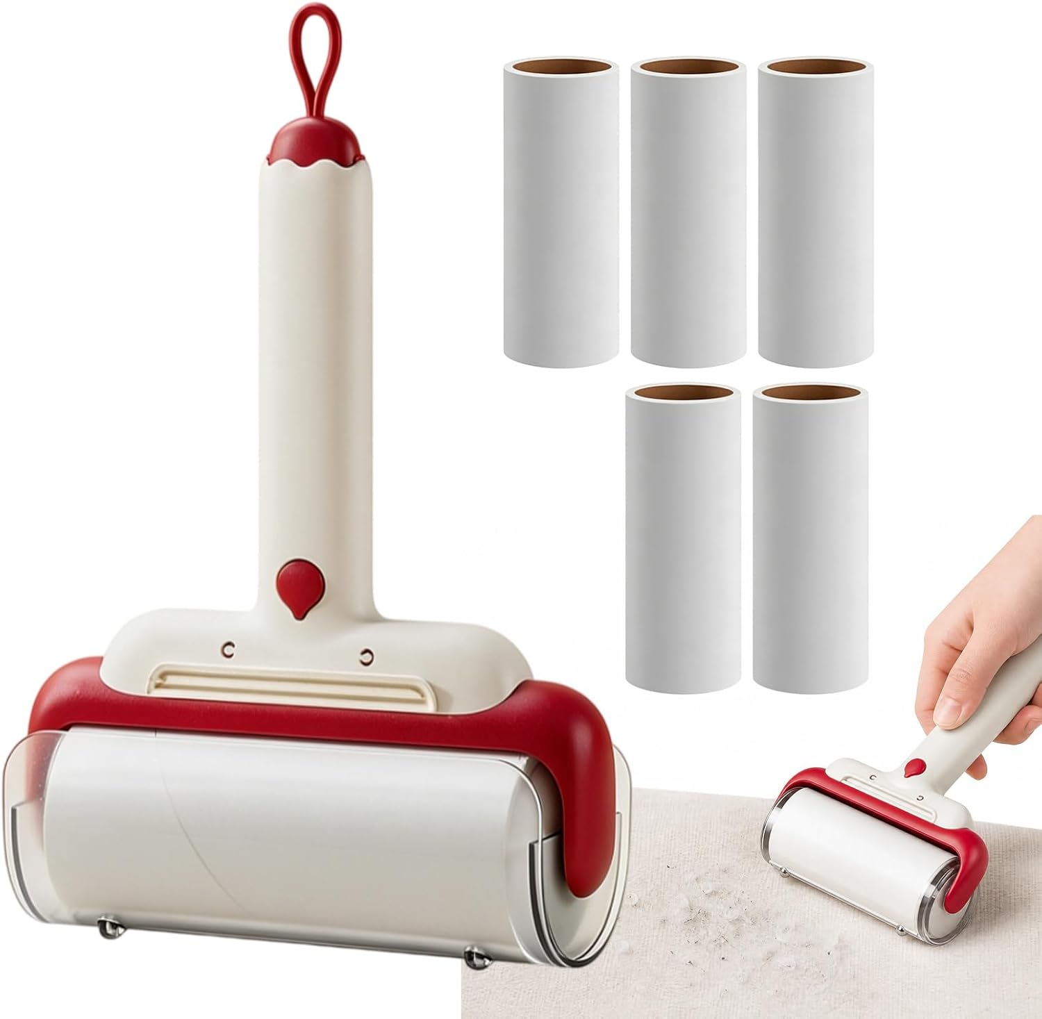 3 in 1 Lint Roller, Reusable Pet Hair Remover with 6 Refills, Clothes Lint Remover for Clothing, Furniture, Bedding, Sofa & Car Seats, White & Red