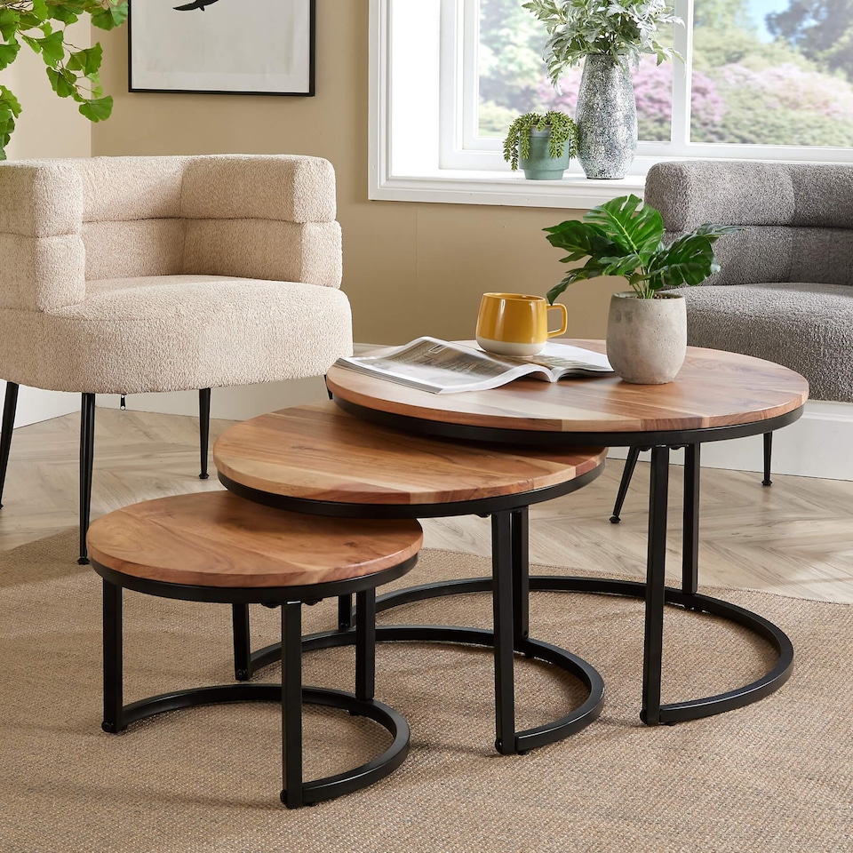 image 1 of Nest 3 Tables Solid Acacia Wooden Top Home Compact Furniture Design Living Room