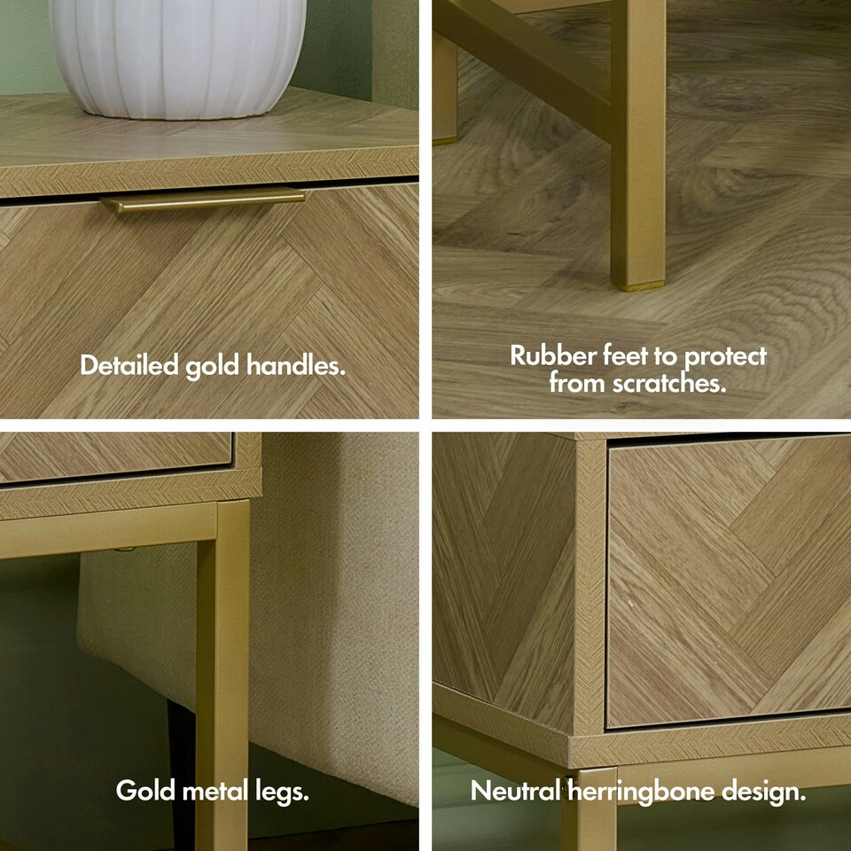 image 1 of Vonhaus Ducie Bedside Table with Gold Frame & Herringbone Finish